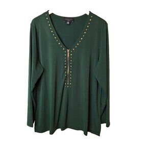 Premise Tunic Top Womens Size 1X Green Long Sleeve Studded Zipper Front Stretch